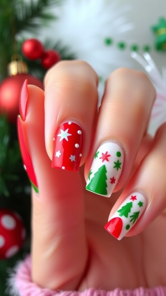 Festive short Christmas nails with red and green polish and holiday designs.